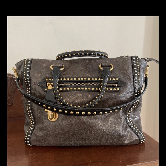 💖PRADA Talco Craquele Leather Gold & Silver Studded Tote Bag. - Picture 1 of 12